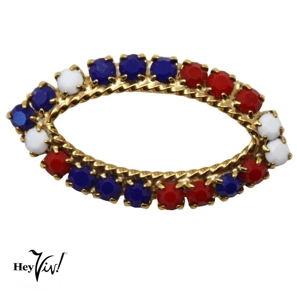 Vintage Red White & Blue Rhinestone Oval Circle Pin Patriotic 1 3/4" - Hey Viv